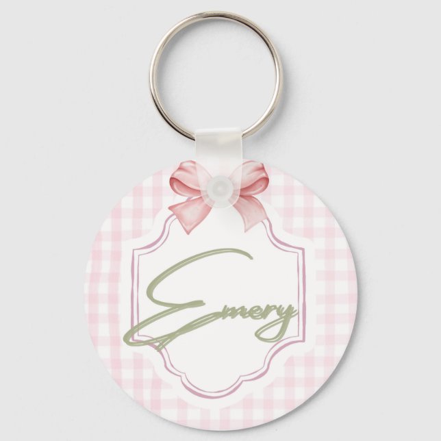Personalized Emery Baby Girl Nursery Bow&Gingham Key Ring (Front)