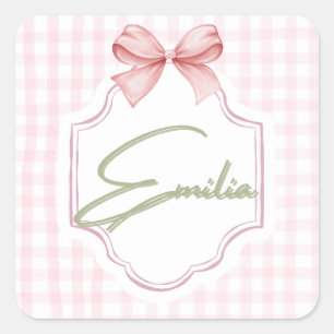 Personalized Emilia Baby Girl Nursery Bow&Gingham  Square Sticker