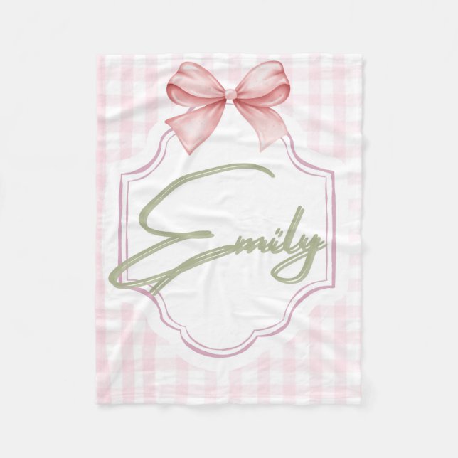 Personalized Emily Baby Girl Nursery Bow&Gingham  Fleece Blanket (Front)