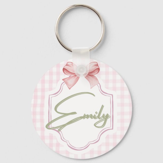 Personalized Emily Baby Girl Nursery Bow&Gingham  Key Ring (Front)