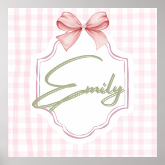 Personalized Emily Baby Girl Nursery Bow&Gingham Poster