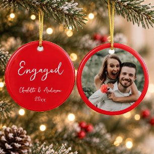 Personalized Engaged Couple Handwritten Red Photo Ceramic Tree Decoration