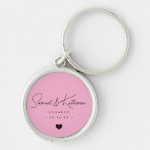 Personalized Engagement Date Pink Heart Script Key Ring