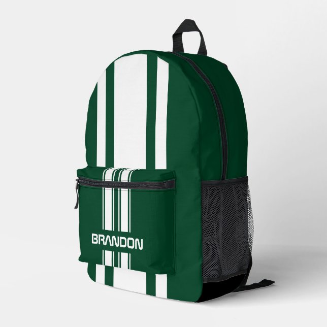 Personalized English Green And White Racing Stripe Printed Backpack (Back Corner Right)