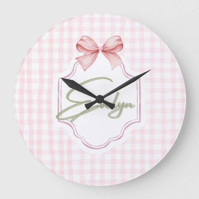 Personalized Evelyn Baby Girl Nursery Bow&Gingham  Large Clock (Front)