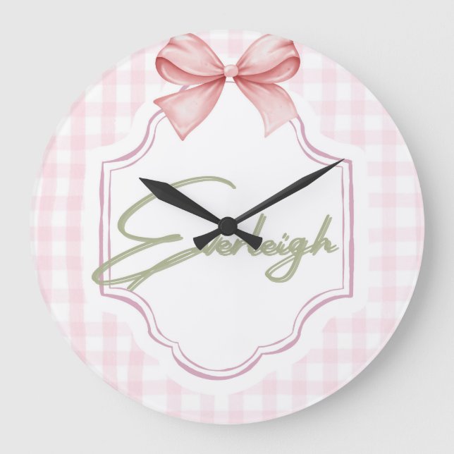 Personalized Everleigh Baby Girl Nursery Gingham Large Clock (Front)