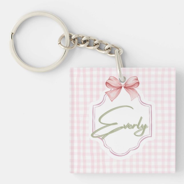 Personalized Everly Baby Girl Nursery Bow&Gingham Key Ring (Front)