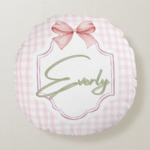 Personalized Everly Baby Girl Nursery Bow&Gingham Round Cushion