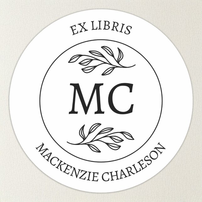 Personalized Ex Libris Monogram Bookplate Classic Round Sticker (Botanical Leaf classical monogram initial personalized Ex Libris from the library of sticker)