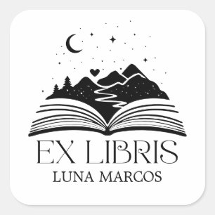 Personalized Ex Libris with a Book and Stars Heart Square Sticker
