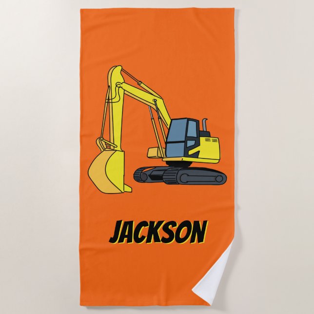 Personalized Excavator Construction Vehicle Beach Towel (Front)
