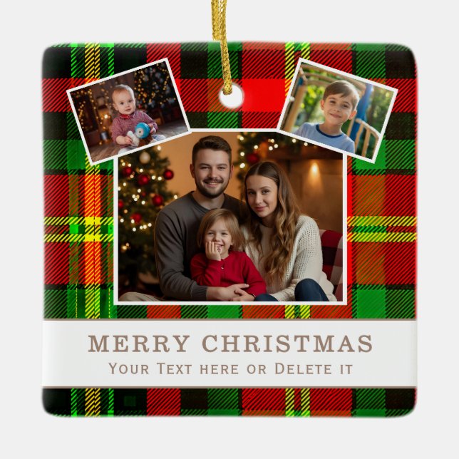 Personalized Family 3 Photo Green Plaid Christmas  Ceramic Ornament (Front)