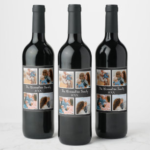 Personalized family 4 photo collage template wine label