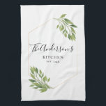 Personalized family Kitchen greenery Tea Towel<br><div class="desc">Add a special touch to your kitchen! This gorgeous Towel featuring your Family name in a beautiful geometric gold frame with green leaves.</div>