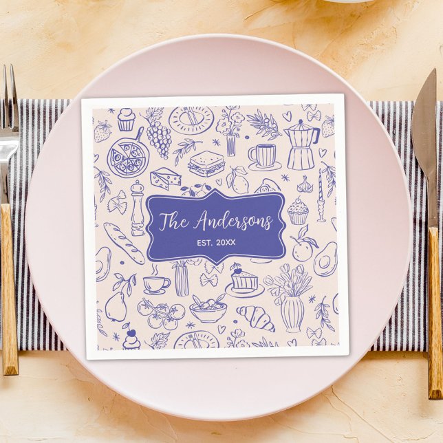 Personalized Family Name Cute Hand Drawn Food Napkin (In situ)