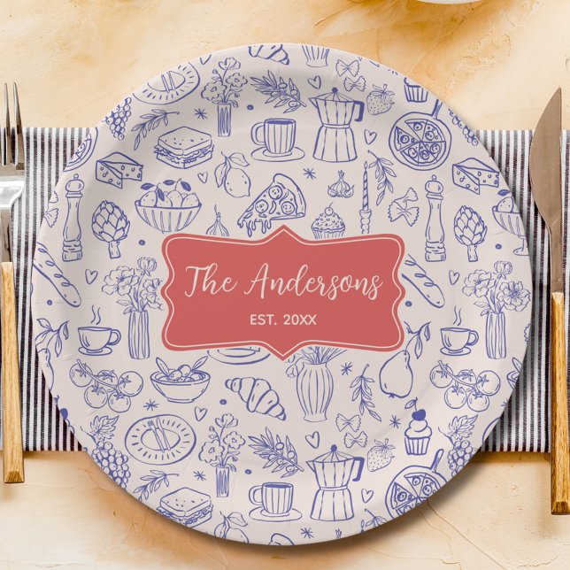 Personalized Family Name Cute Hand Drawn Food Paper Plate (In situ)