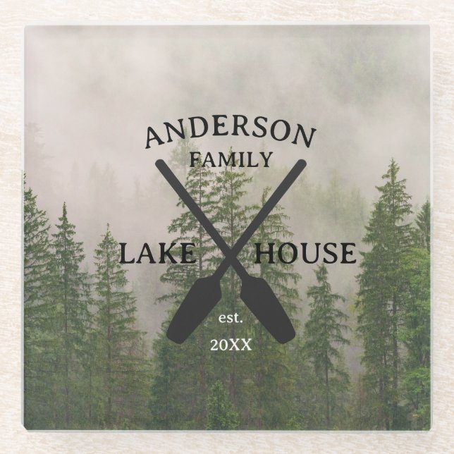 Personalized Family Name Lake House  Glass Coaster (Front)