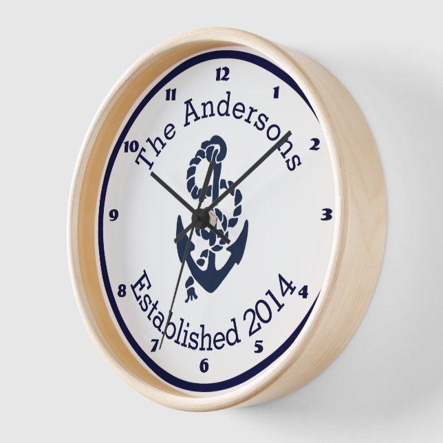 Personalized Family Name Nautical Navy Anchor Wall Clock (Angle)