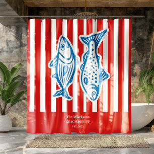 Personalized Family Nautical Red Sardine Stripes Shower Curtain