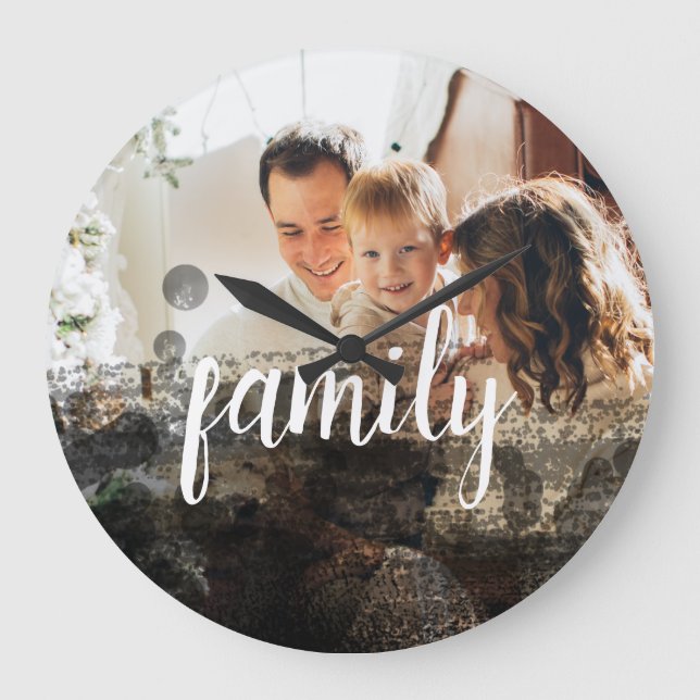 Personalized Family Photo Black Abstract Overlay Large Clock (Front)
