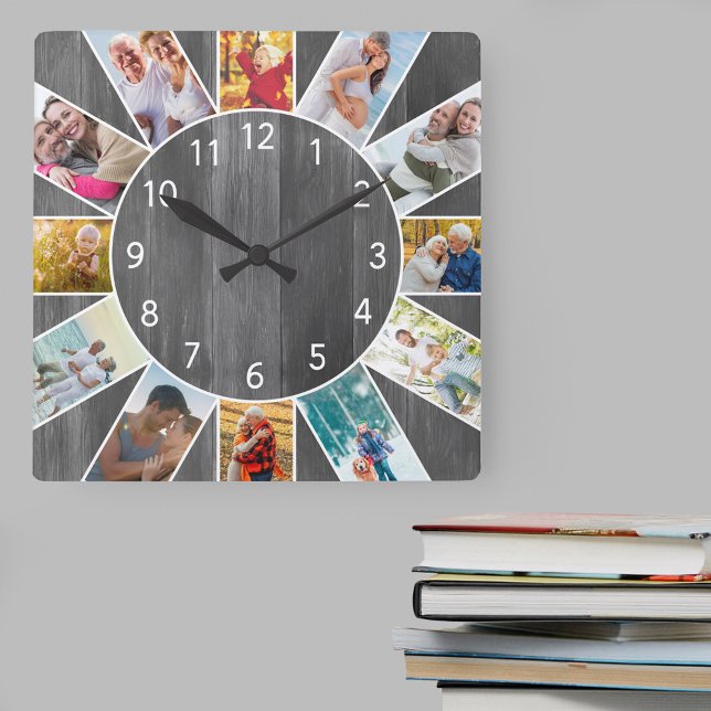 Personalized Family Photo Collage Grey Wood Square Wall Clock (Photo clock with 12 photos, one at each hour. Great design for your home or a thoughtful photo gift.)