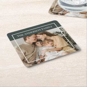 Personalized Family Photo   Custom Family Name  Square Paper Coaster