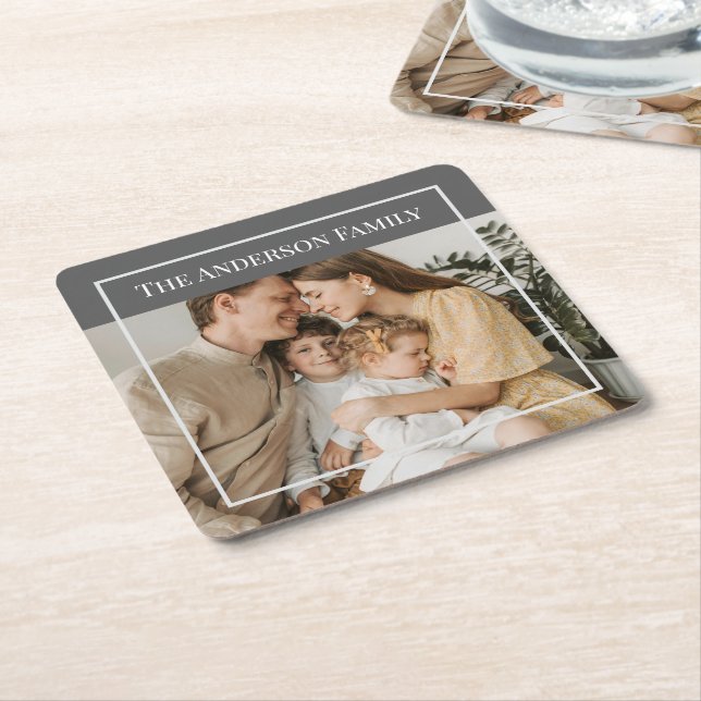 Personalized Family Photo | Custom Family Name  Square Paper Coaster (Angled)