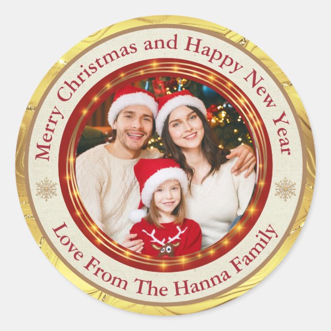 Personalized Family Photo Merry Christmas Classic Round Sticker (Front)