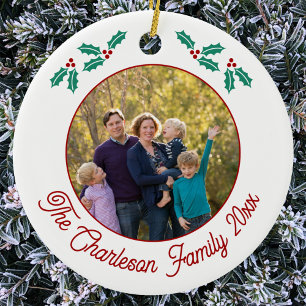 Personalized Family Photo Name Year Holly Ceramic Tree Decoration