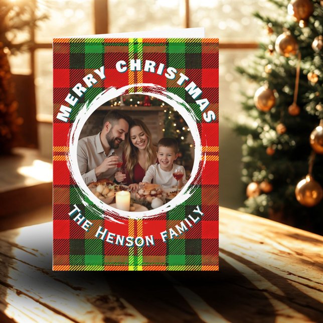 Personalized Family Photo Plaid Pattern Christmas  Holiday Card (Creator Uploaded)