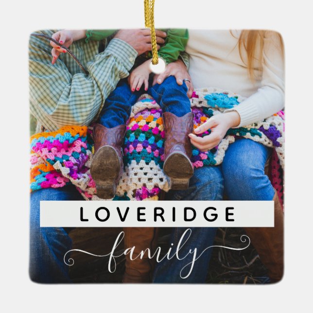 Personalized Family Surname Custom Photo Christmas Ceramic Ornament (Front)