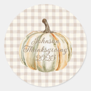 Personalized Family Thanksgiving Neutral Gingham  Classic Round Sticker