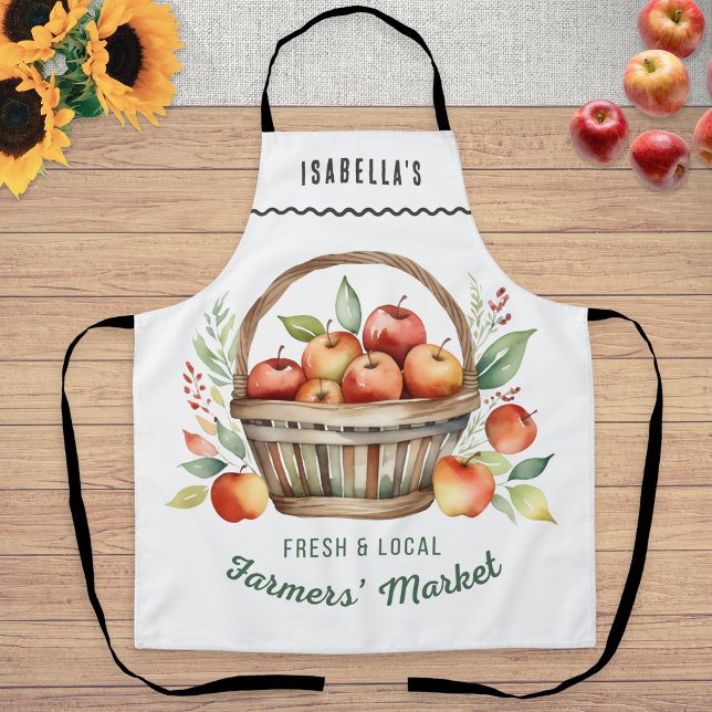 Personalized Farmers Market Rustic Apples Kitchen Apron (A Farmers' Market themed apron with basket of apples illustration and personalized name)