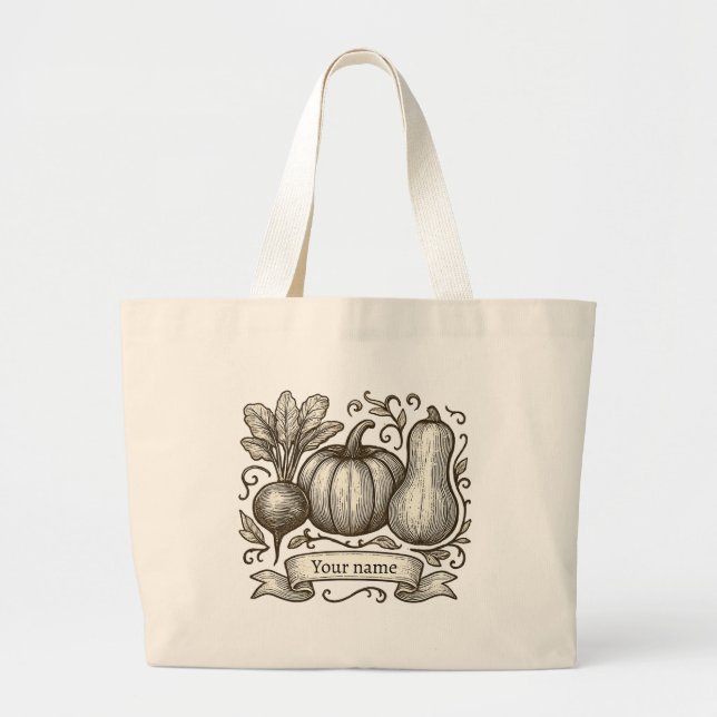 Personalized Farmhouse Autumn Vegetables Drawing Large Tote Bag (Front)