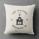 Personalized Farmhouse Barn Family Name Cushion<br><div class="desc">Bring cozy farmhouse charm to your sofa or entry bench with this personalized throw pillow featuring a simple barn illustration, weather vane, and your family name in rustic typography. Customizable text fields let you add your hometown and established year, creating a one-of-a-kind accent for your farmhouse, lake house, or country...</div>