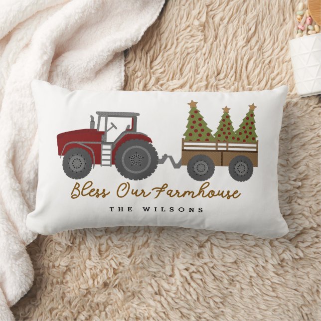 Personalized Farmhouse Christmas Tractor Lumbar Cushion (Blanket)