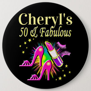 PERSONALIZED FASHIONISTA 50TH BIRTHDAY 6 CM ROUND BADGE