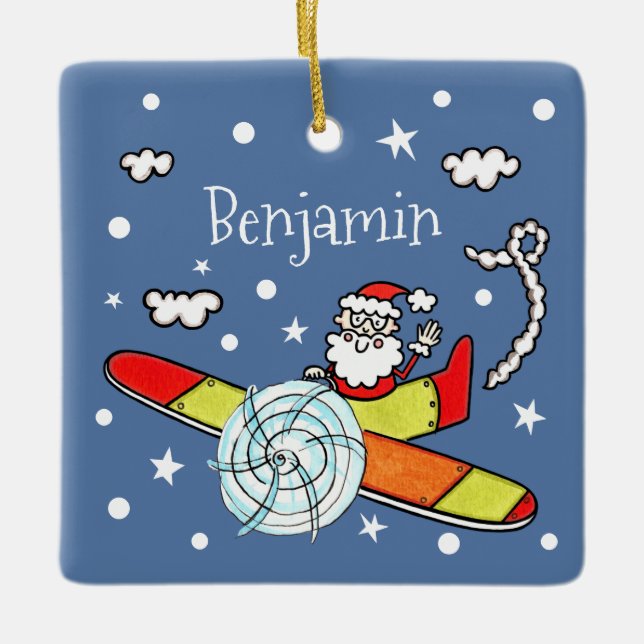 Personalized Father Christmas Santa Claus Airplane Ceramic Ornament (Front)