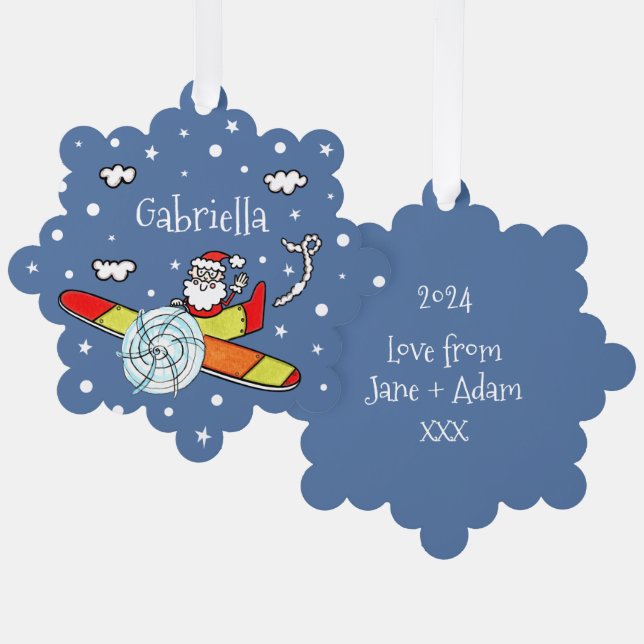 Personalized Father Christmas Santa Claus Airplane Tree Decoration Card (Front/Back)