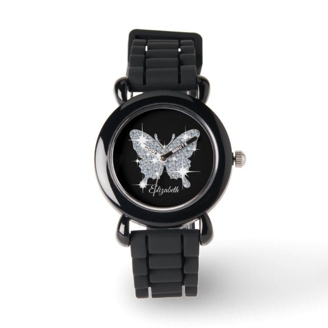 Personalized faux diamond sparkle butterfly design watch (Front)