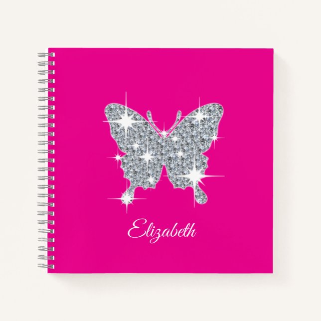 Personalized faux diamond sparkle butterfly notebook (Front)