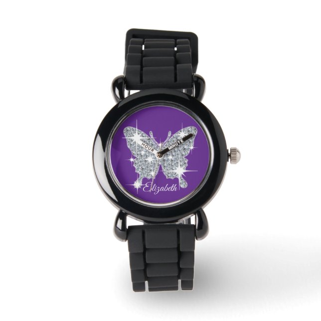 Personalized faux diamond sparkle butterfly watch (Front)