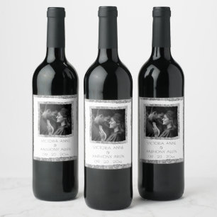 Personalized Faux Silver Frame Rustic Elegant Wine Label