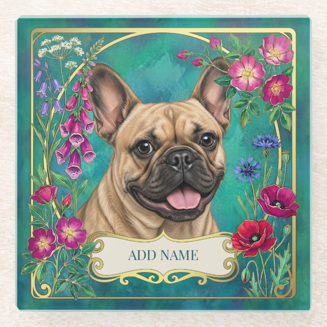 Personalized Fawn French Bulldog Teal Coaster (Front)
