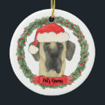 Personalized Fawn Masked Great Dane Ceramic Tree Decoration<br><div class="desc">Make the nice list this year with a personalized Great Dane ornament of your sweet fawn masked great dane in a red santa hat and holly wreath! For the sweetest gifts,  pair it with a matching art print or another item from my collection!</div>