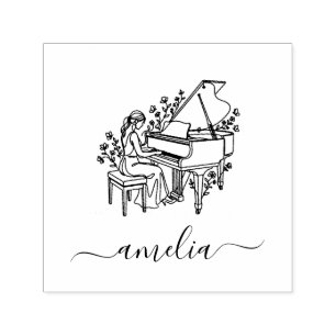 Personalized Female Piano Player Line Drawing      Self-inking Stamp