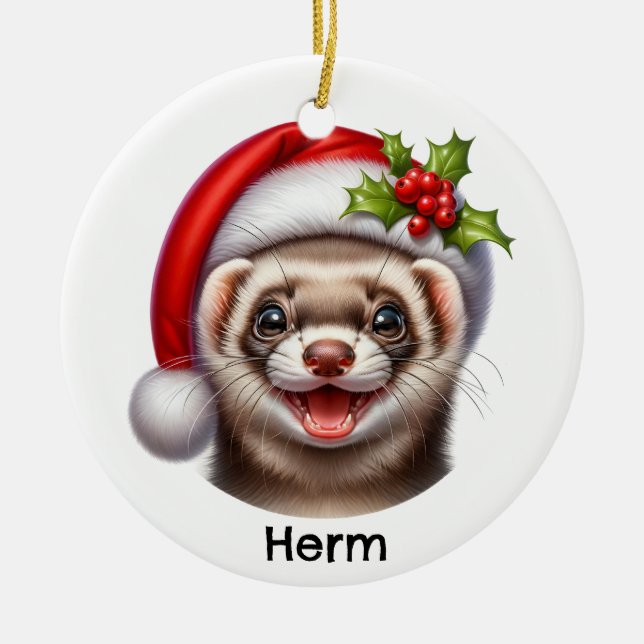 Personalized Ferret with Santa Hat Ceramic Tree Decoration (Front)