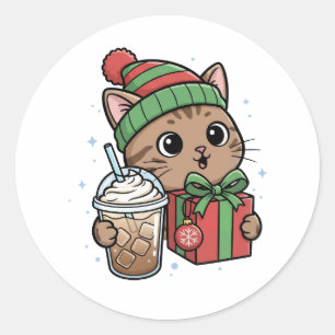 Personalized Festive Cat & Iced Latte Round Sticke Classic Round Sticker