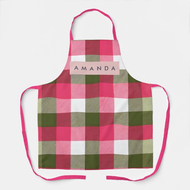 Personalized Festive Pink and Green Plaid Apron (Front)