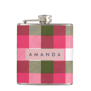 Personalized Festive Pink and Green Plaid Hip Flask